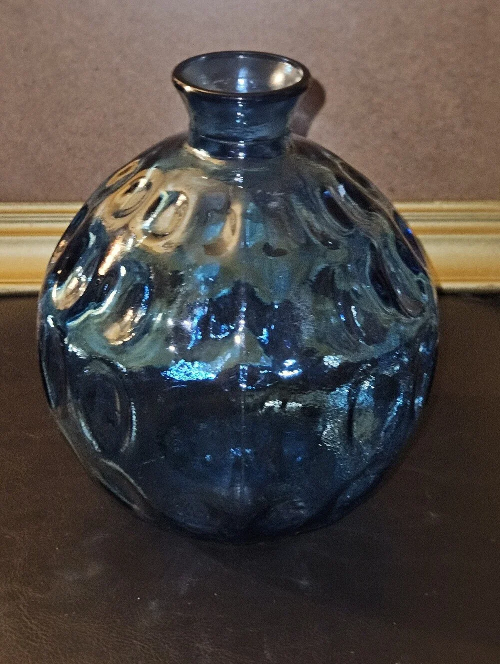 Vintage Sapphire Blue Thumb Print Glass Round Flower Vase